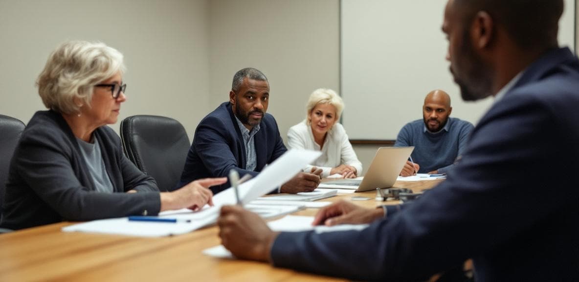 Patriot BioSolutions team reviewing environmental consulting documentation in a federal contractor conference room