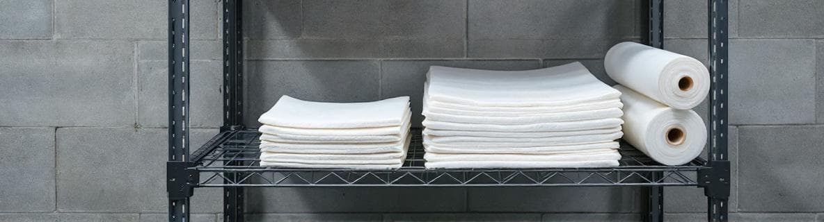 Government facility maintenance shelf with white industrial absorbent pads and cylindrical boom rolls