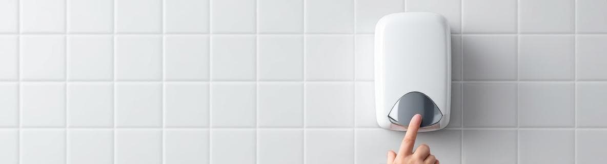 Commercial foam soap dispenser mounted on white ceramic tile wall in a government facility