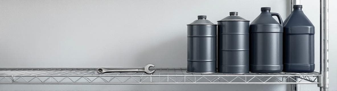 Government facility maintenance storage — charcoal gray lubricant cans and navy plastic jugs on steel wire shelving