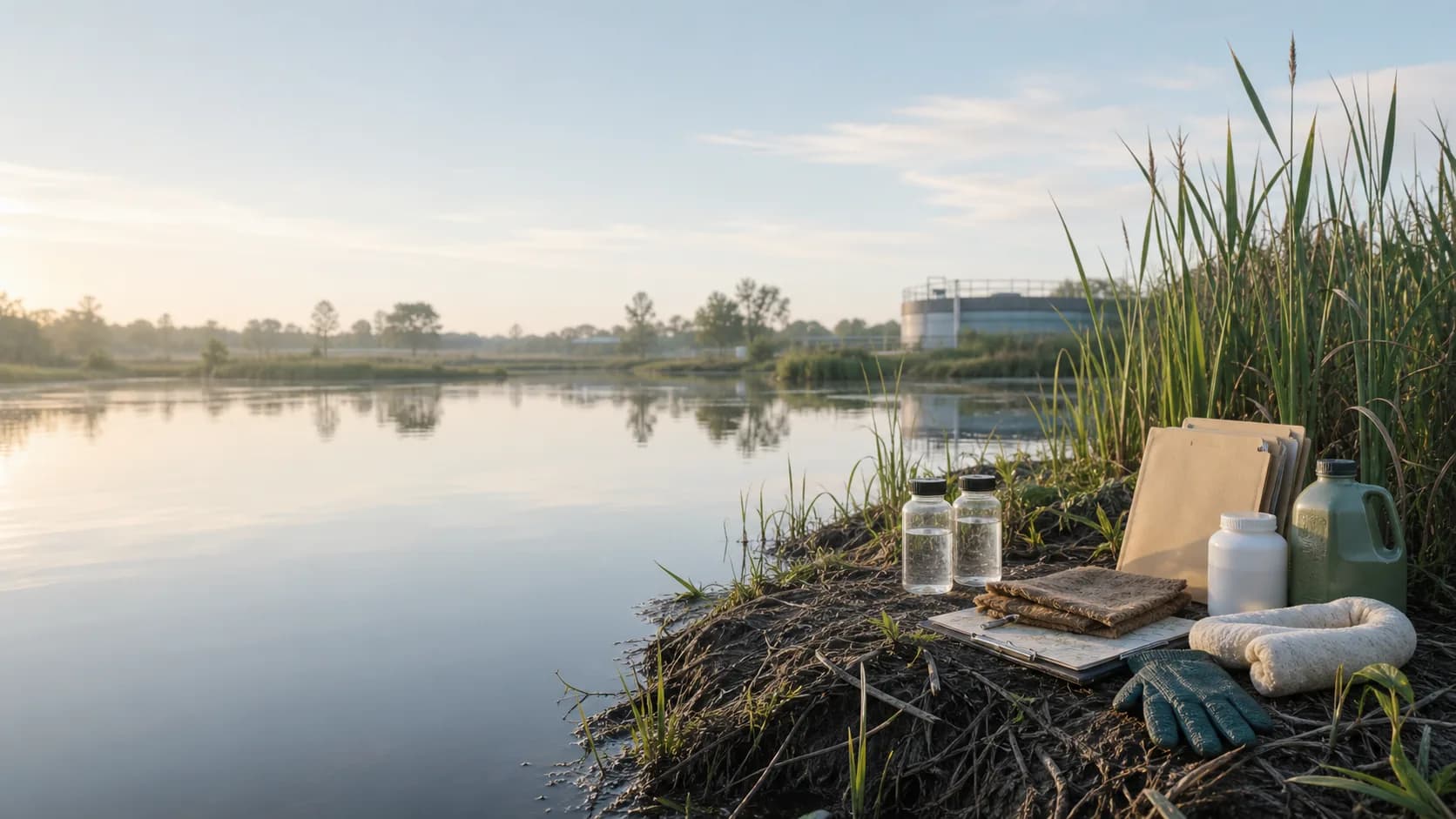 Clean wetland and water-treatment landscape with sealed water sample bottles, field folders, biobased containers, and plant-fiber absorbent material.