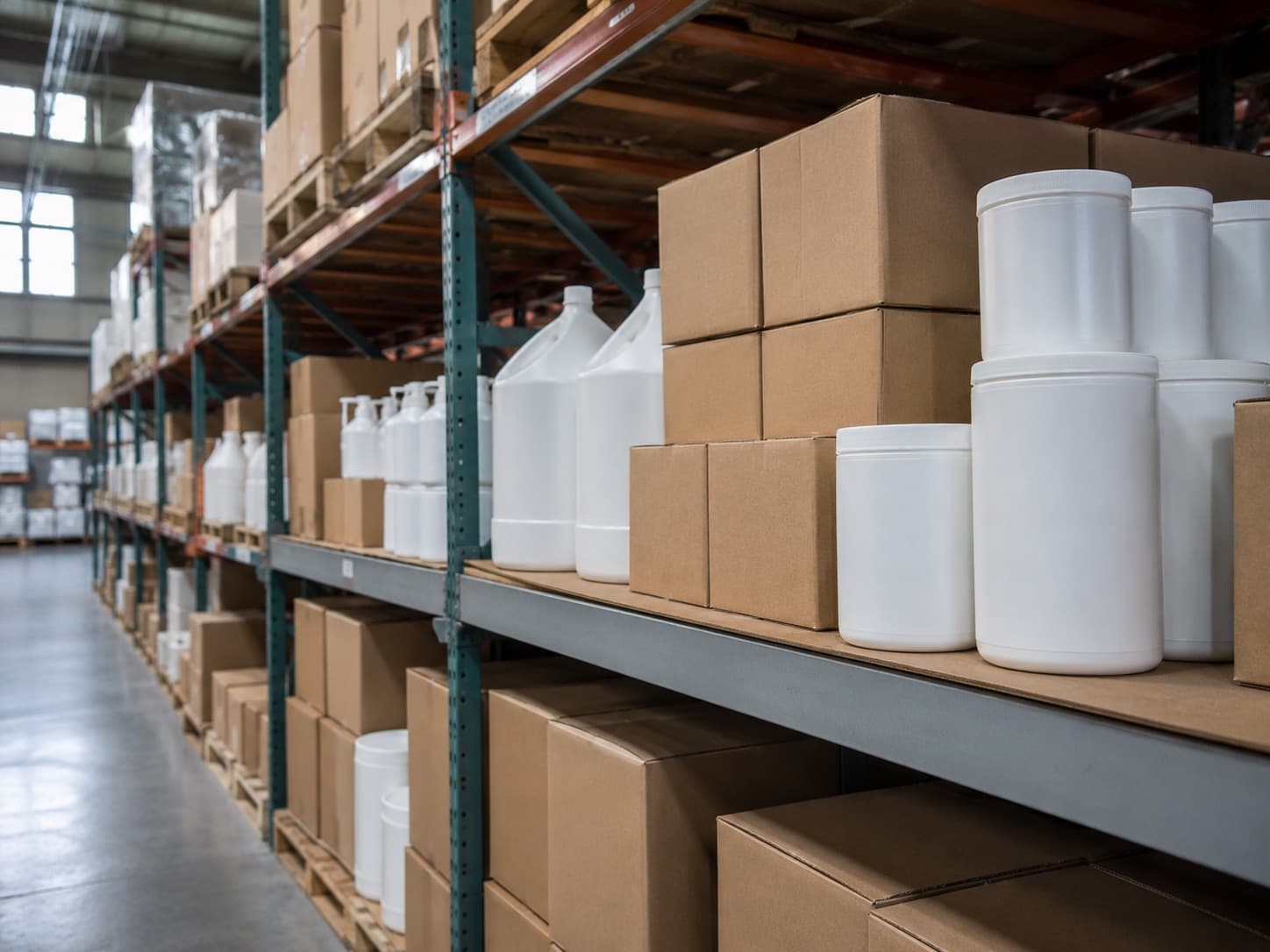 Warehouse racking of unbranded cartons and white HDPE containers of biobased cleaning and absorbent products.