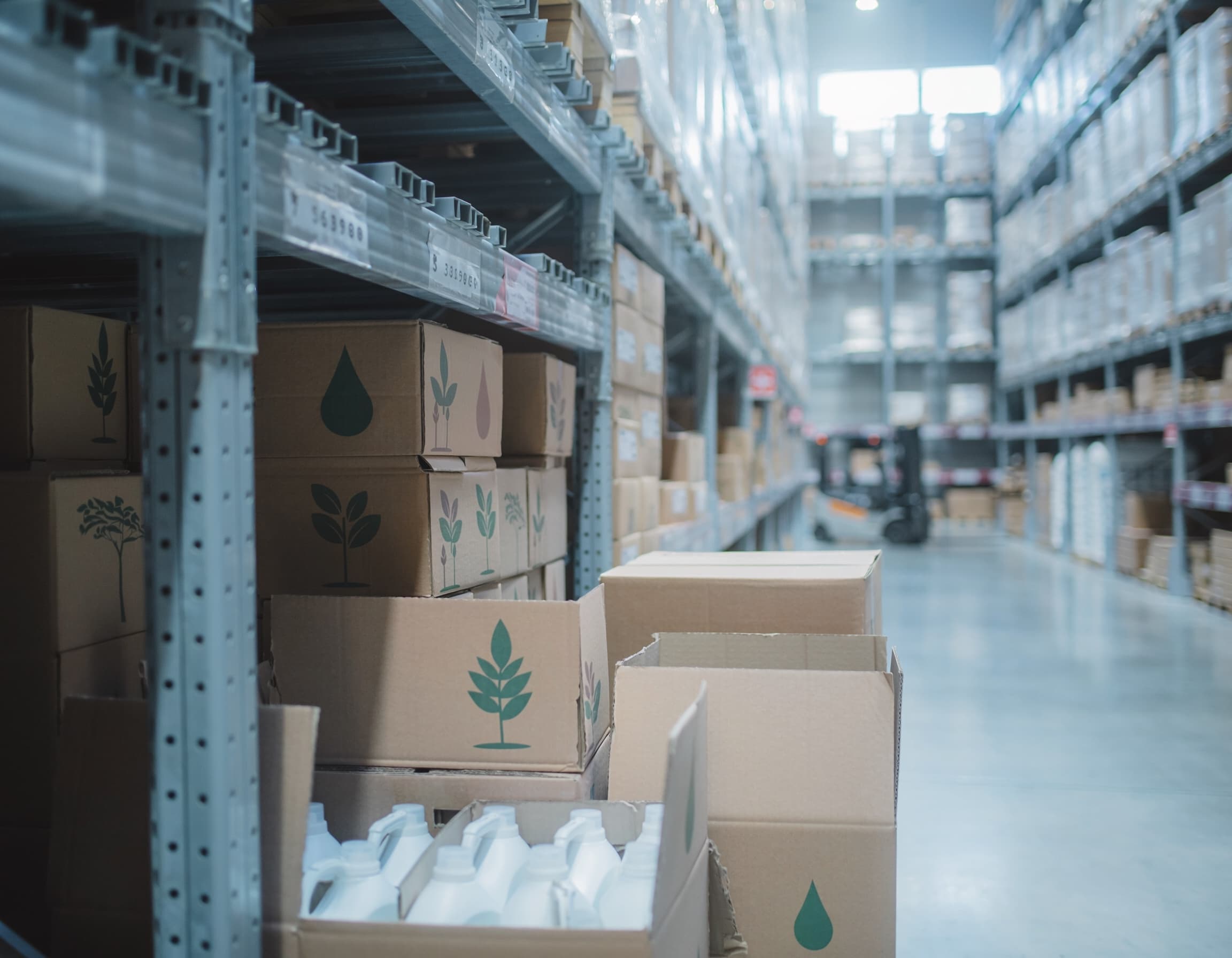 Industrial warehouse aisle with racking of biobased cleaning products, forklift in soft-focus background.