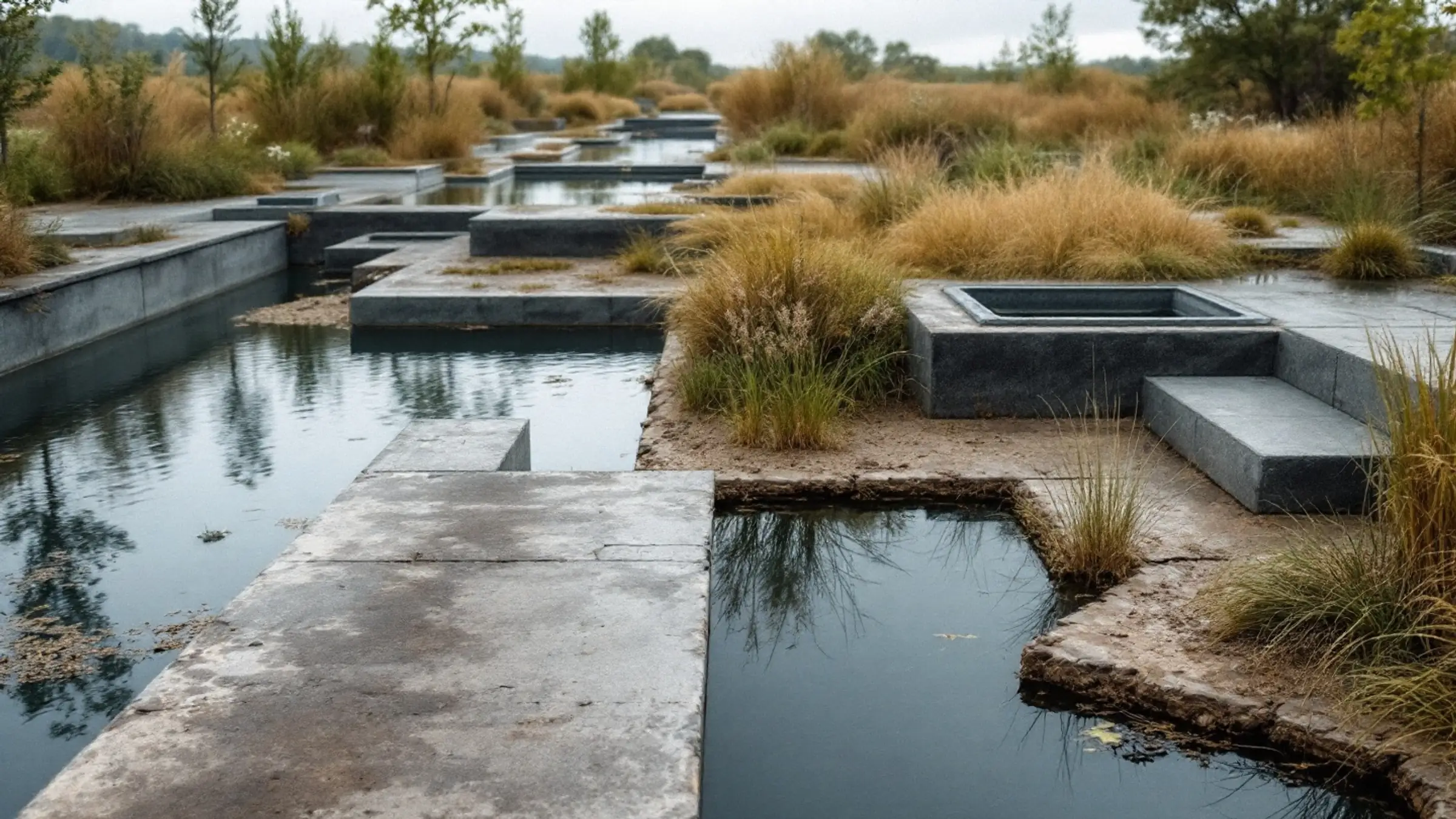 A constructed treatment wetland at ground level: still shallow water in stepped stone basins edged with reed beds under overcast daylight.